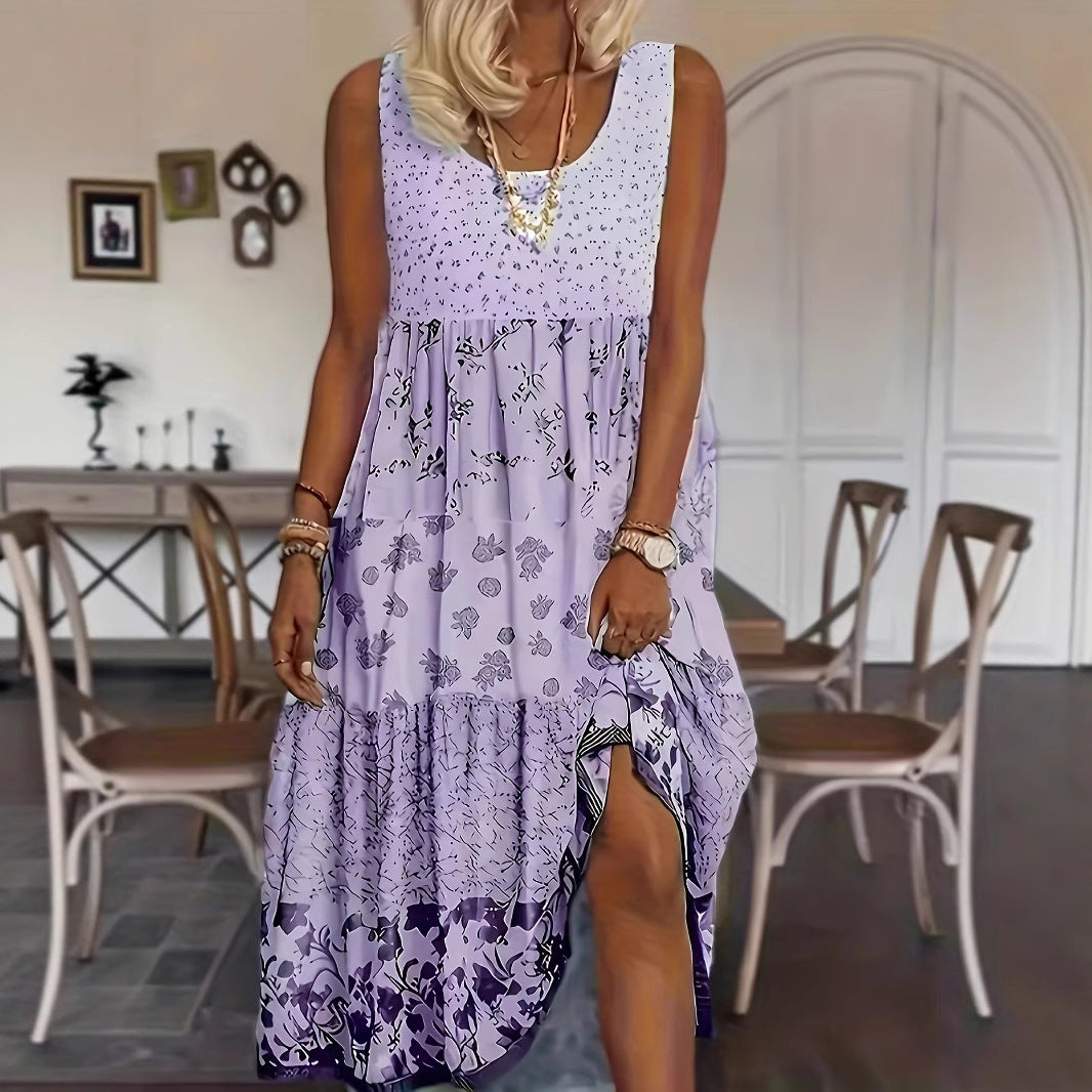 Charming Women's Round Neck Printed Maxi Dress