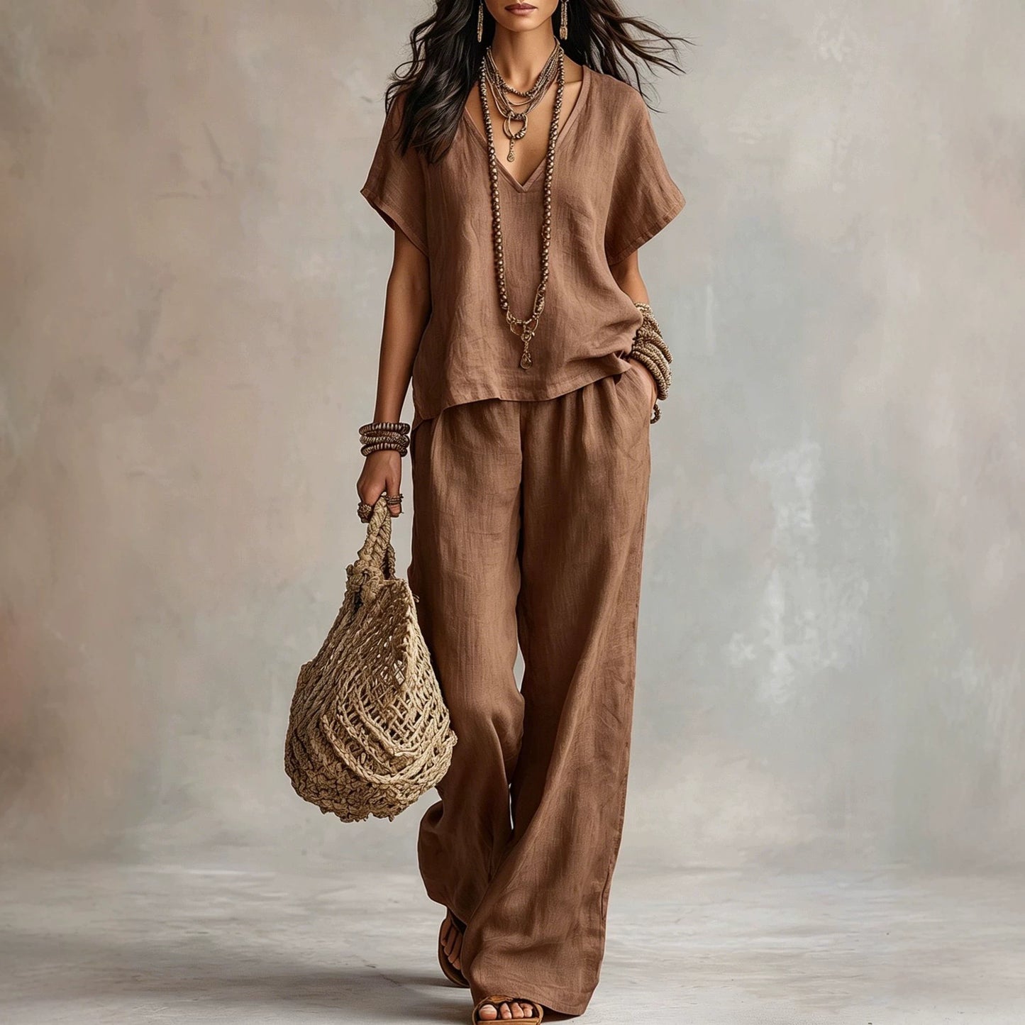 Women's Solid Color Loose Short-sleeved Trousers Two-piece Suits