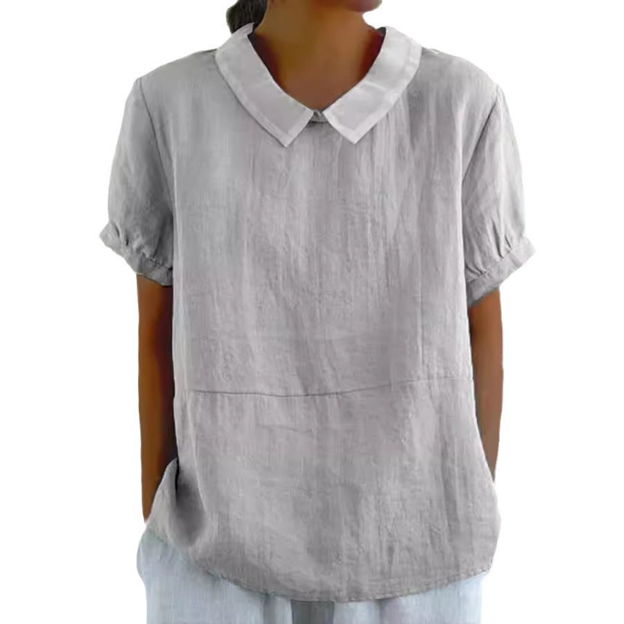 Women's Loose Lapels Shirt Sleeve Cotton Blouses