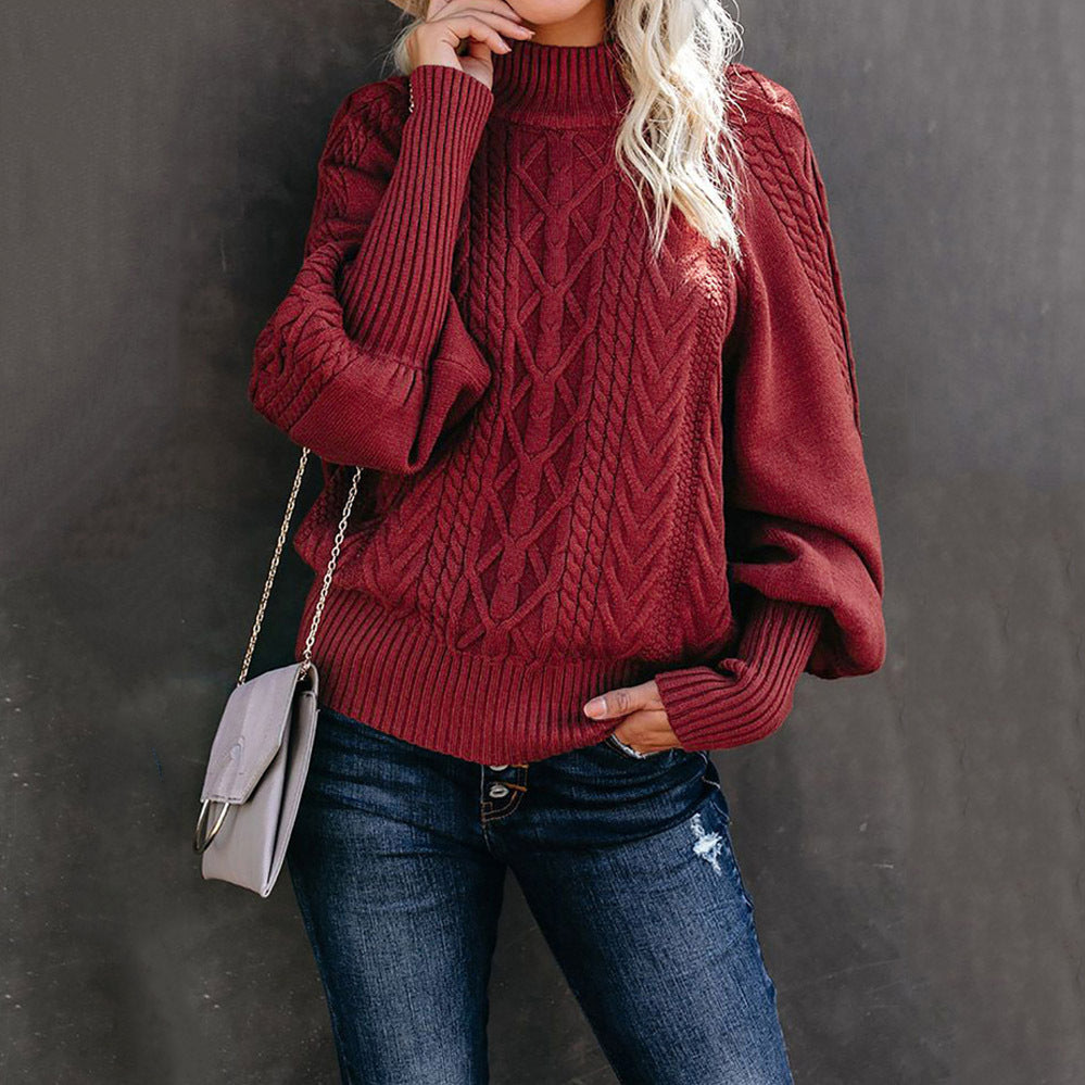 Women's Round Neck Knitted Solid Color Long Lantern Sleeve Sweater