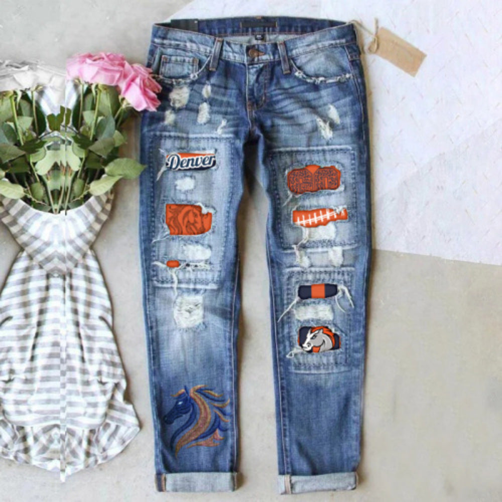 Women's Street Printing Ripped Straight Denim Trousers Jeans