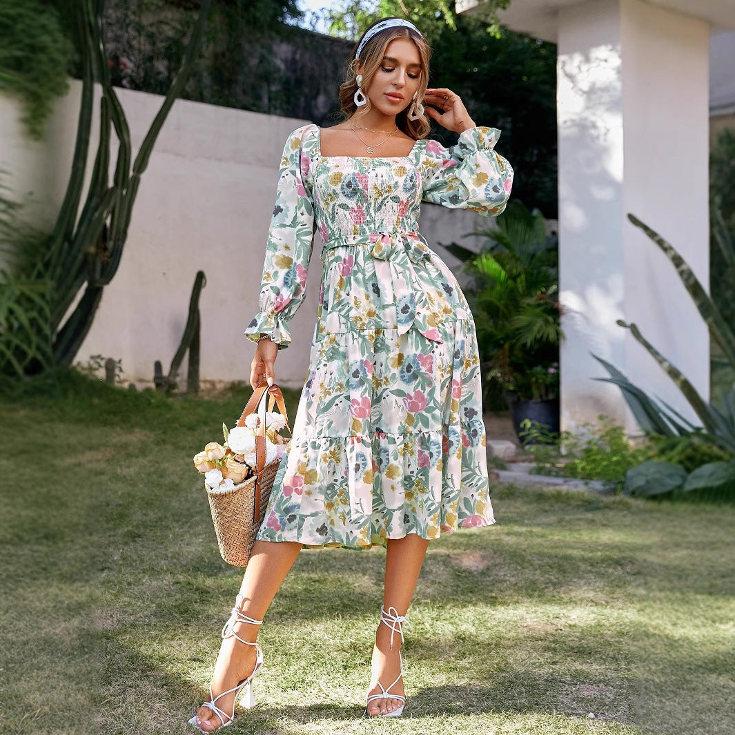 Square Collar Flared Long Sleeve Smocking High Dress