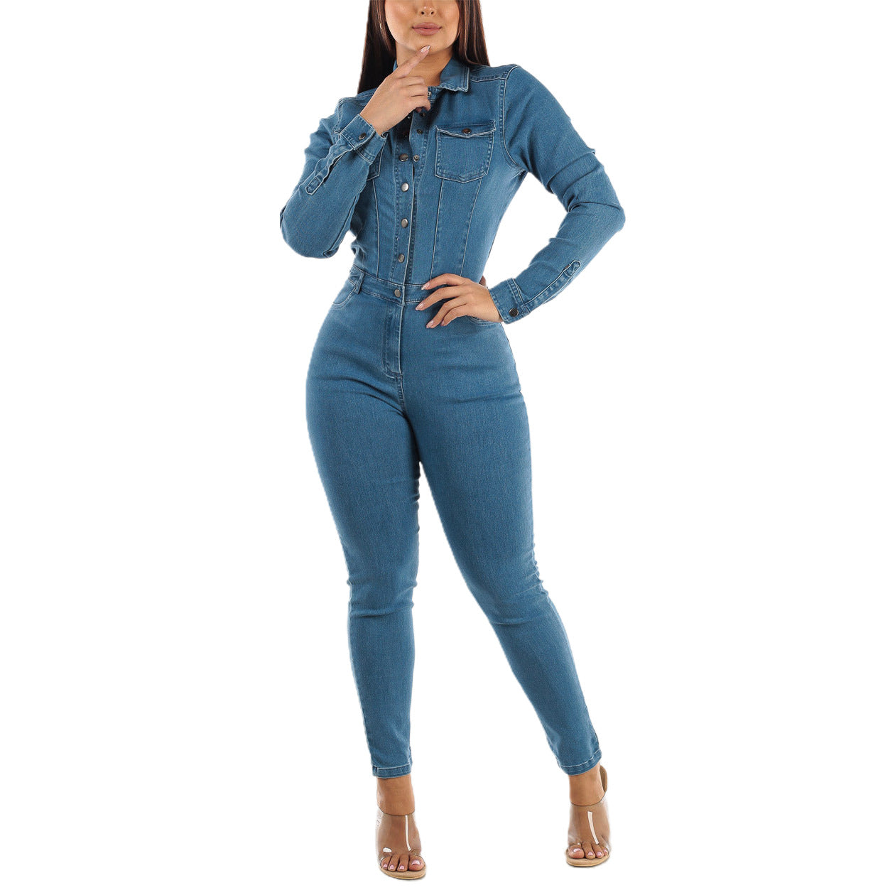Stretch Long Sleeve Feet Wash Denim Jumpsuits