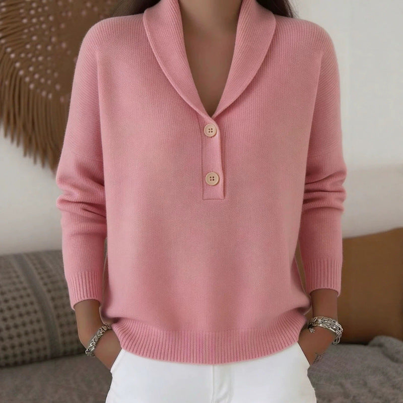 Women's Button Solid Color Collar Casual Fashion Sweater