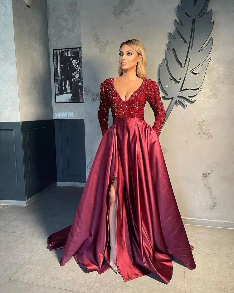 Long Sleeve Sequin Swing Sequined Split Dresses