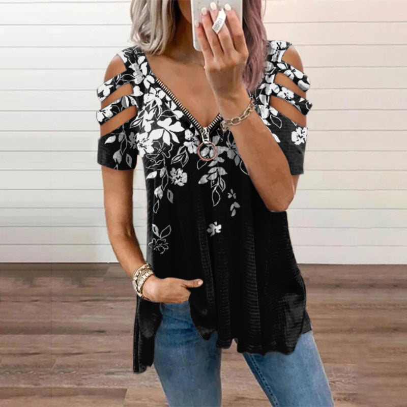 Women's Collar Zipper Pullover Sleeve Loose T-shirt Blouses