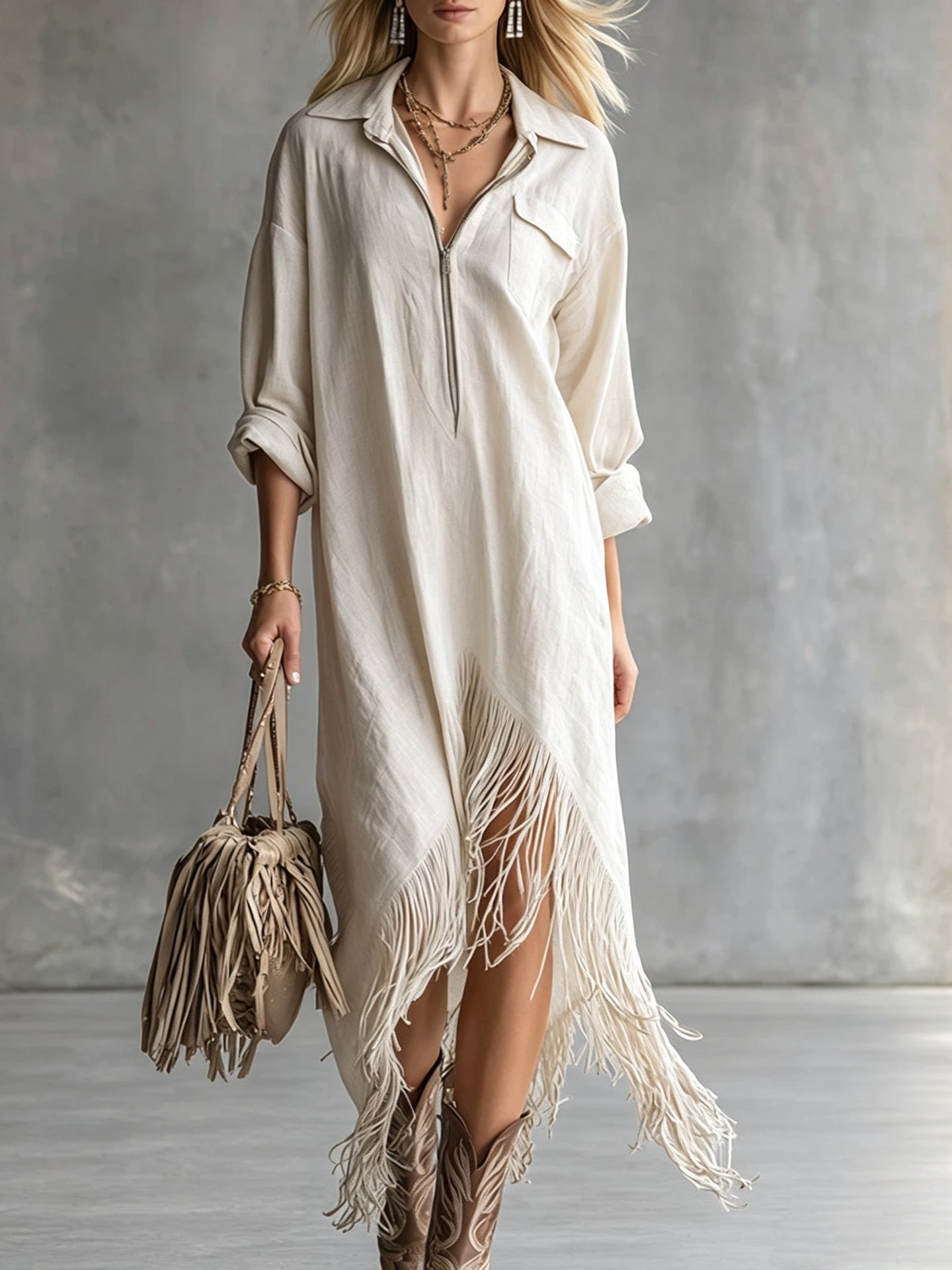 Autumn Elegance Retro Loose Irregular Fringed Dress