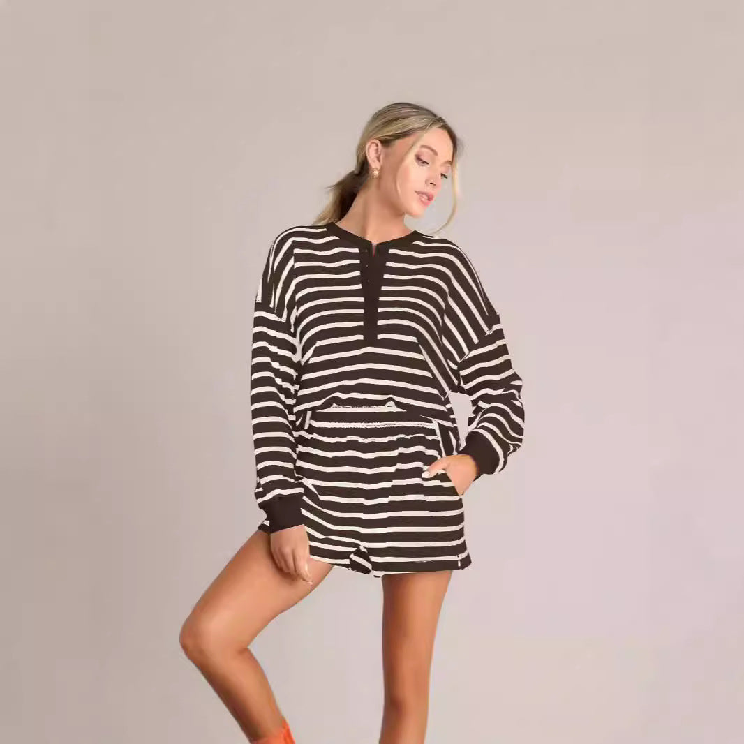 Women's Striped Autumn Collar Decorated With Buttons Long Fashion Casual Suit