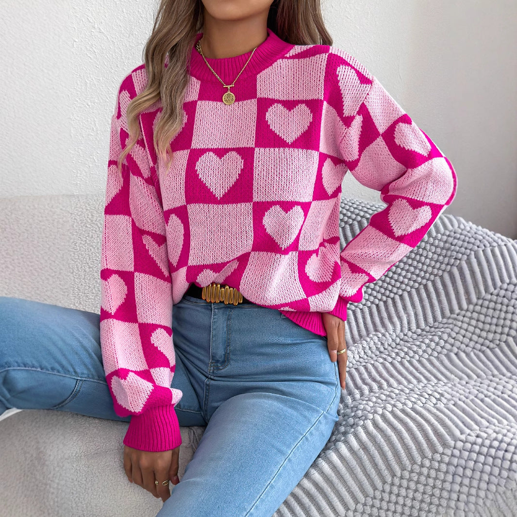 Women's Check Love Lantern Sleeve Pullover Valentine's Sweater