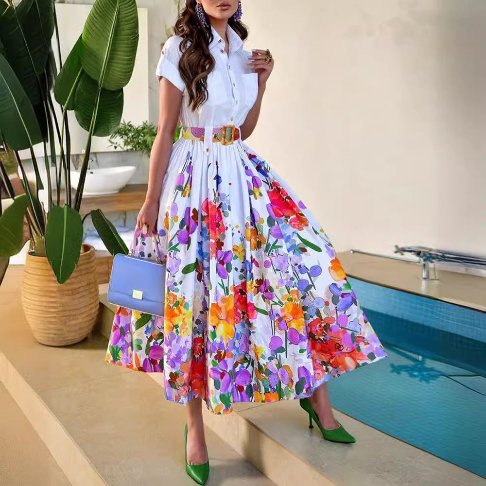 Collar Large Swing Positioning Flower Print Dresses