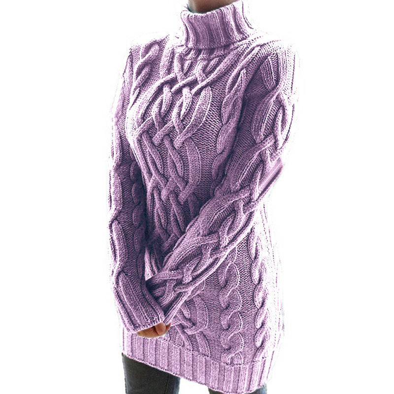 Long Sleeve Slim Knit Dress Solid Color High Neck Thickened Sweater