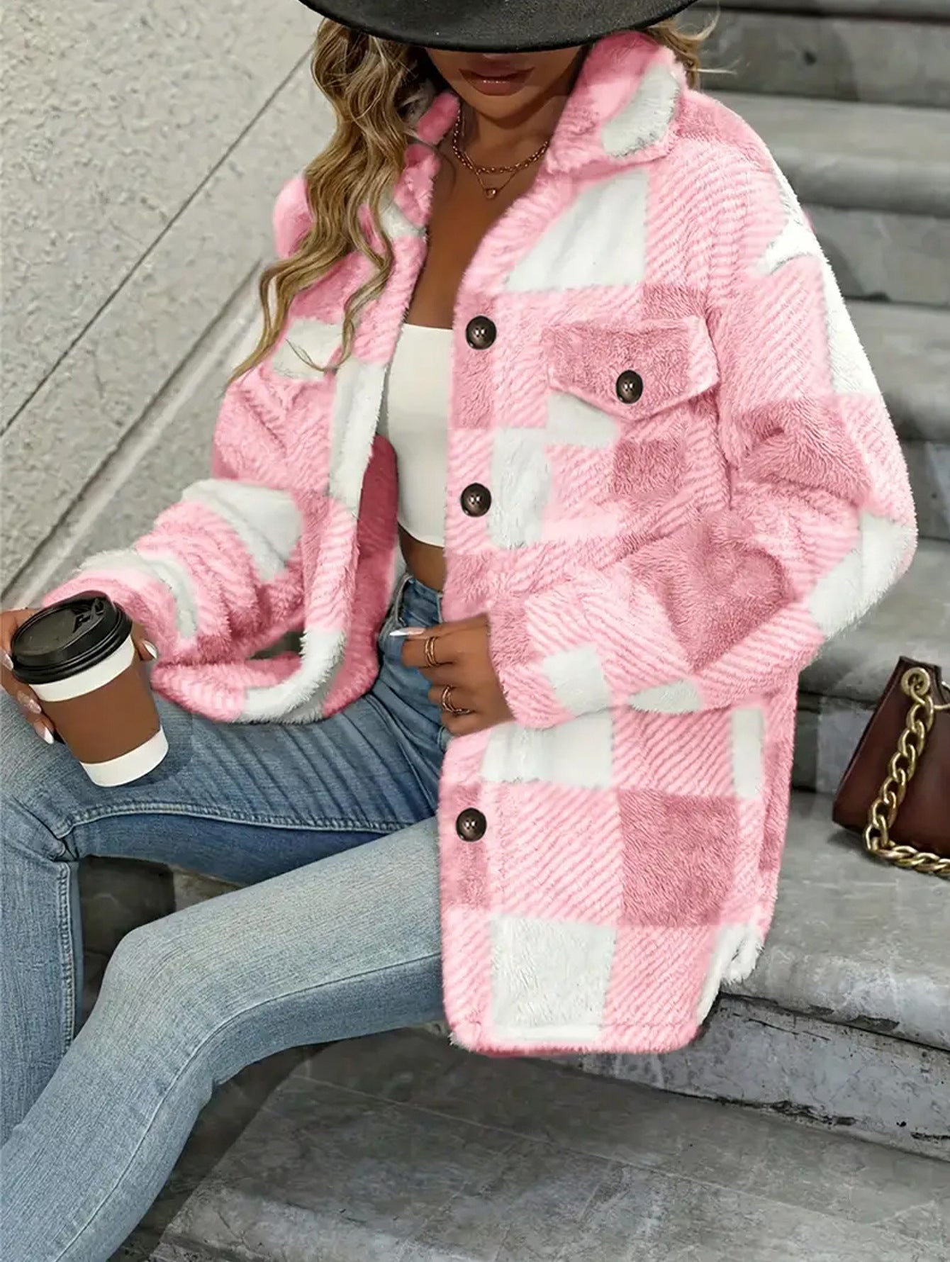 Women's Button Lapel Plush Plaid Loose Casual Coats