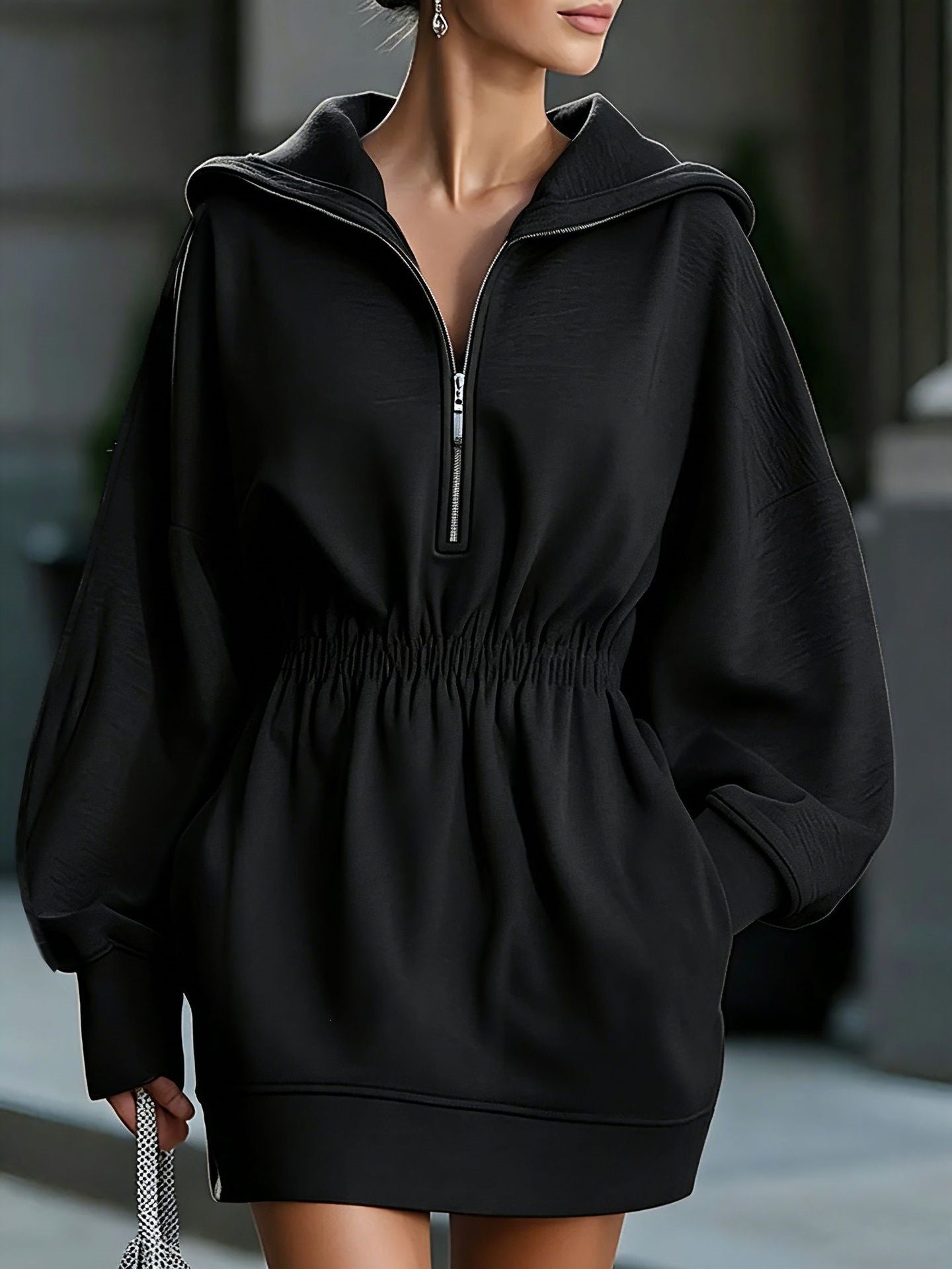 Half Zipper Hooded Waist Trimming Loose Dress