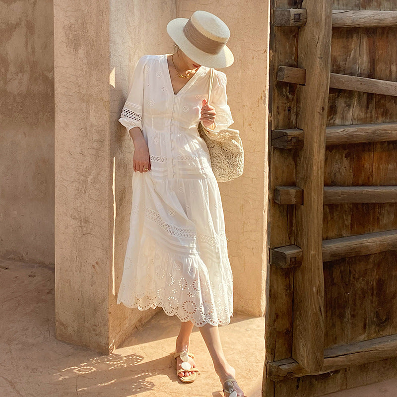 Women's Holiday Dress Design Embroidered French White Dresses