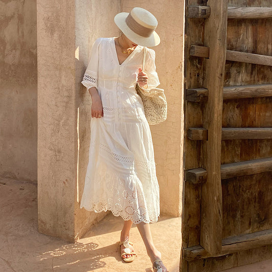 Women's Holiday Dress Design Embroidered French White Dresses
