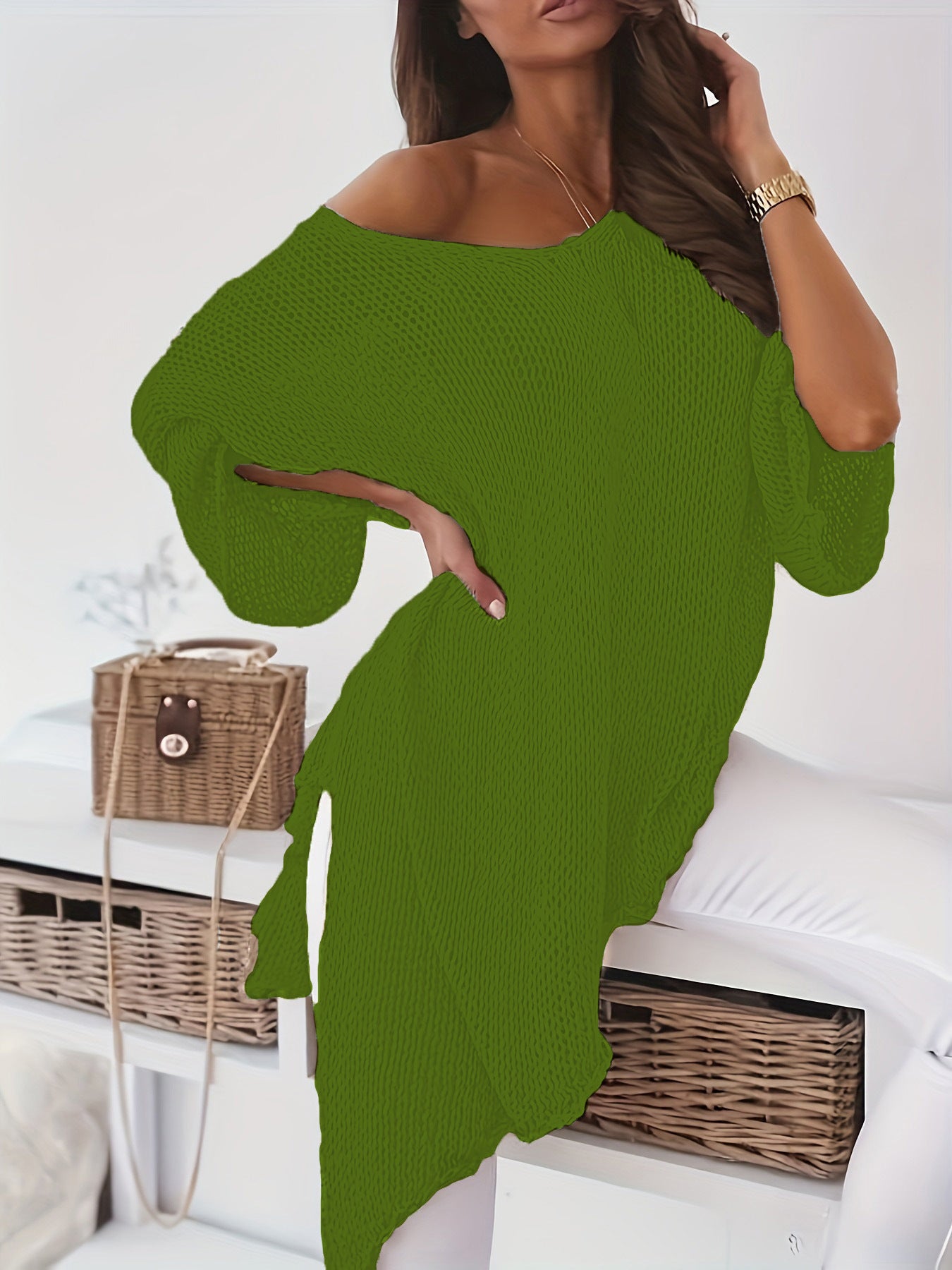 Women's Large Clothes Sexy Loose Pullover Mid-length Sweater
