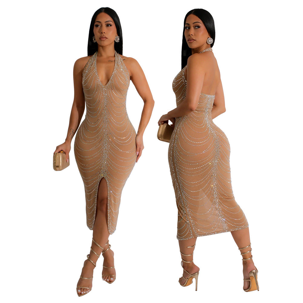Women's Rhinestone Sexy Backless Tight Split Dress Dresses