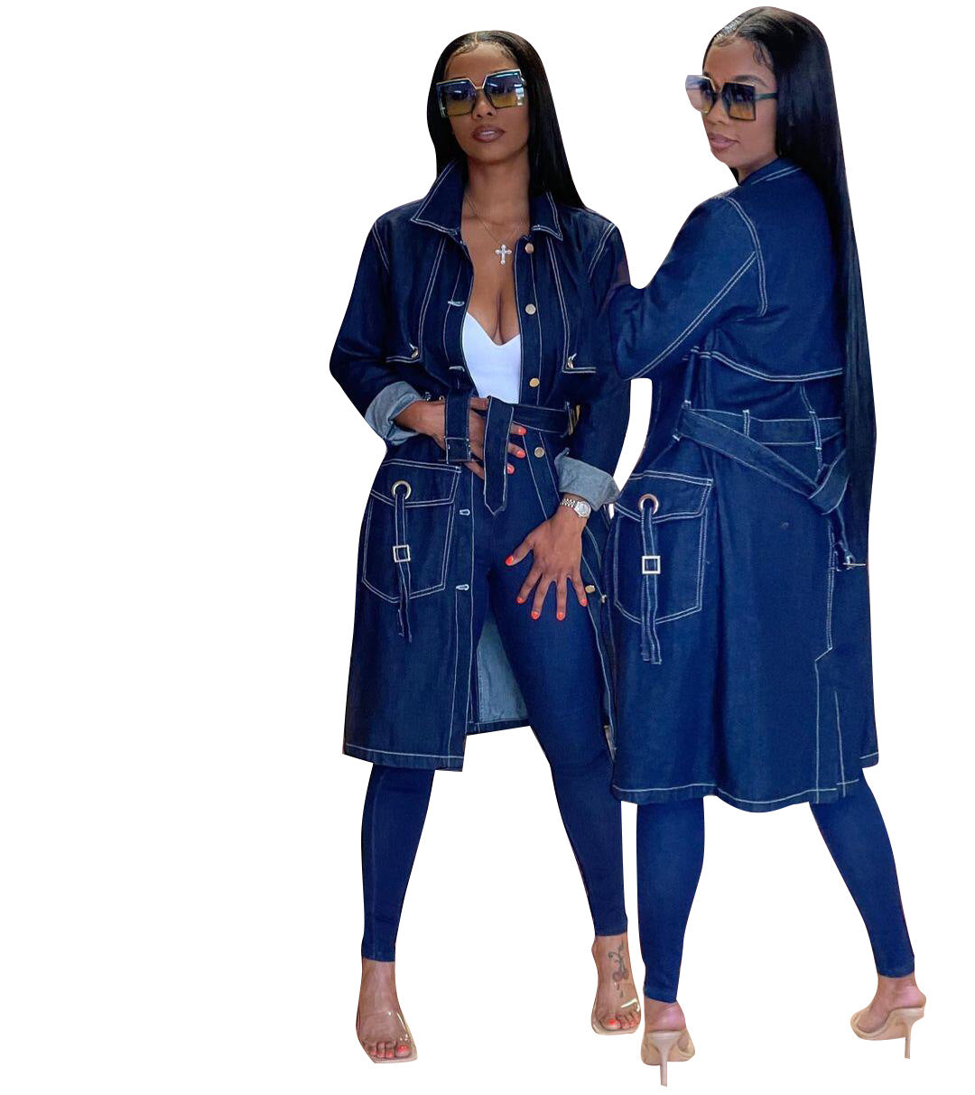 Women's Long Sleeve Denim Trench Cloak Jackets