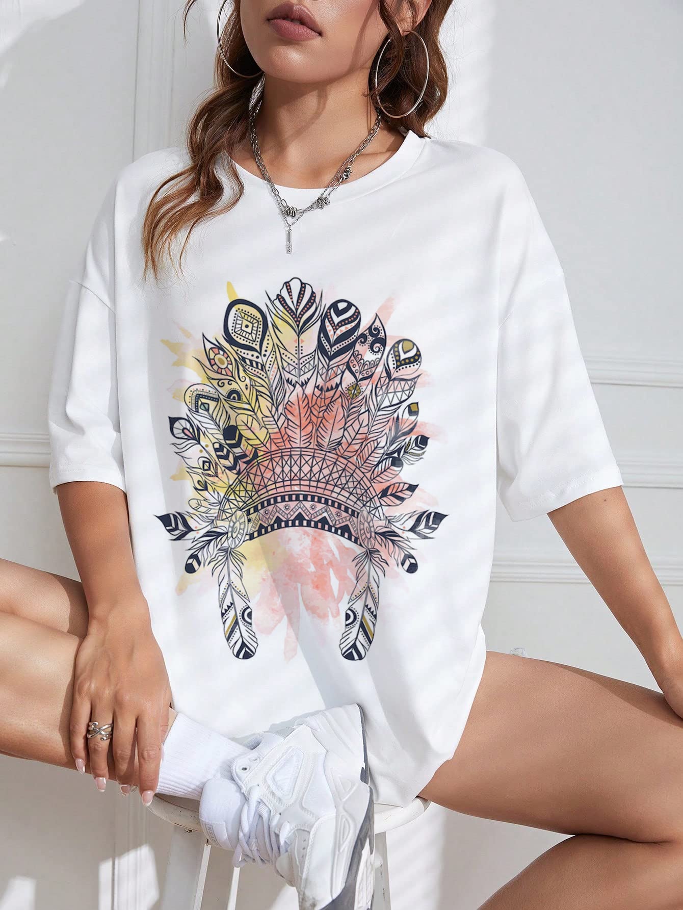 Women's Retro Indian Print Round Neck White Blouses