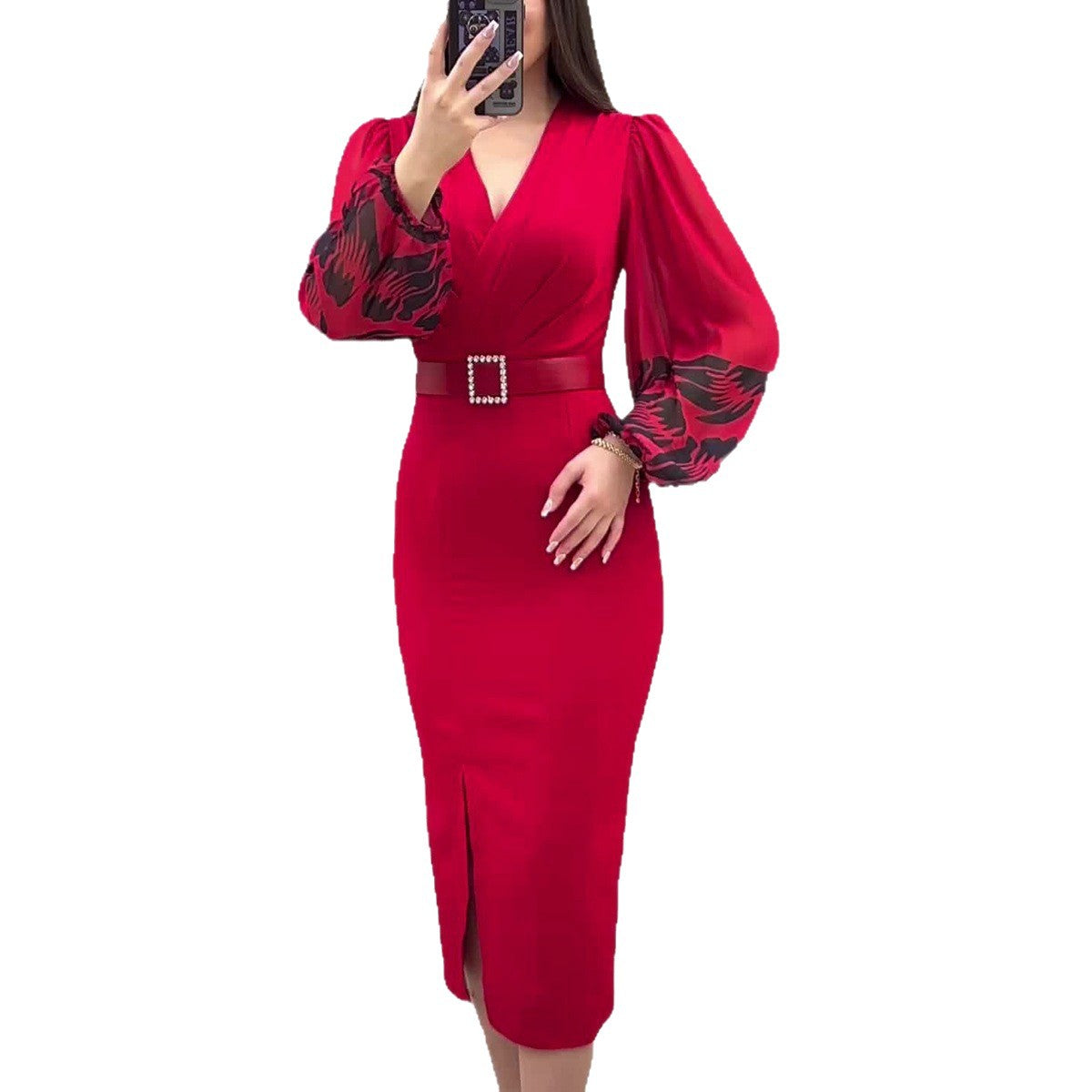 Women's Long-sleeved Printed Belt Split Dress Dresses