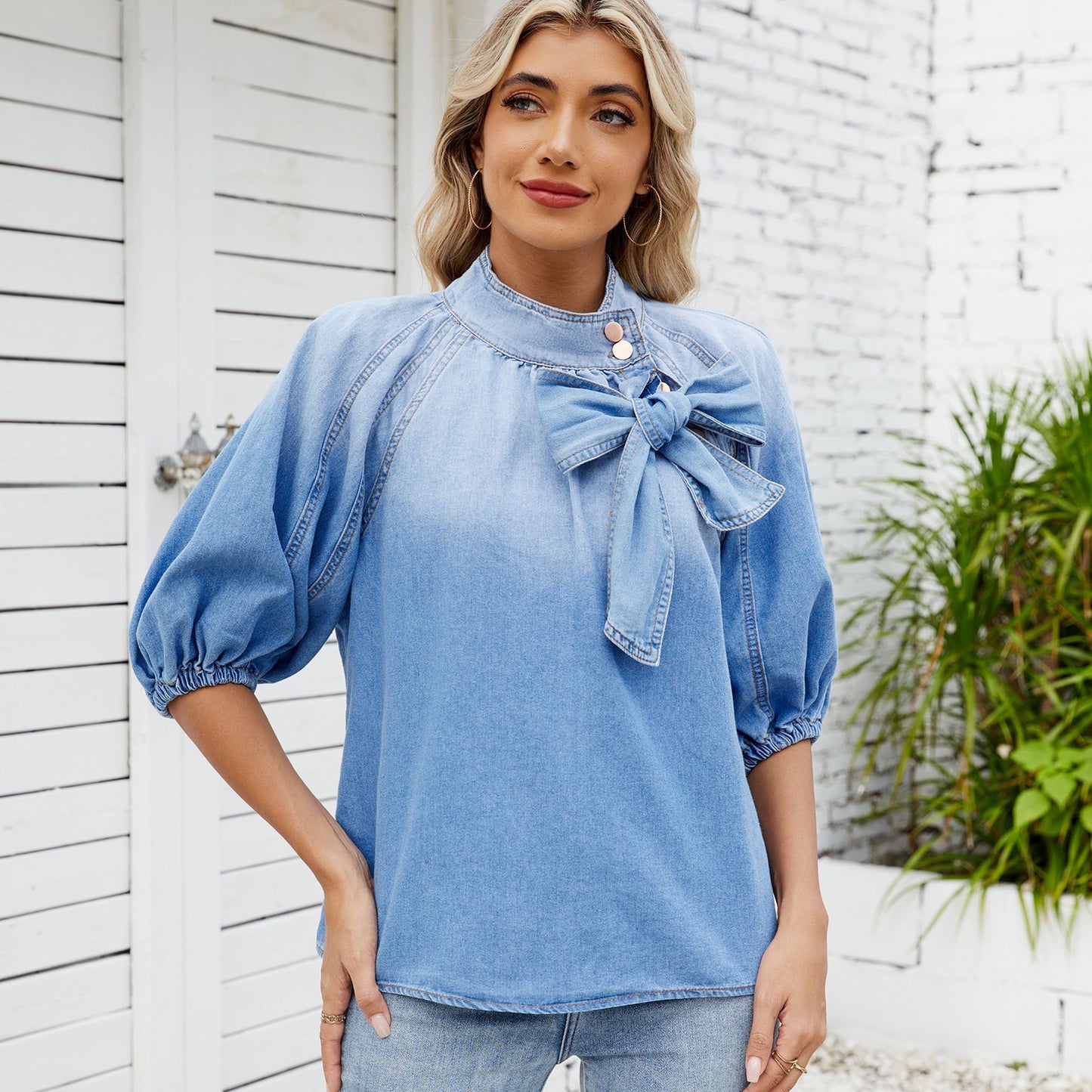 Women's Spring Retro Loose Neckline Denim Shirt Blouses