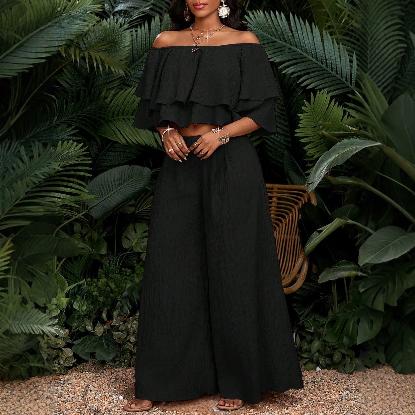 Ruffled High Waist Wide Leg Two-piece Shorts