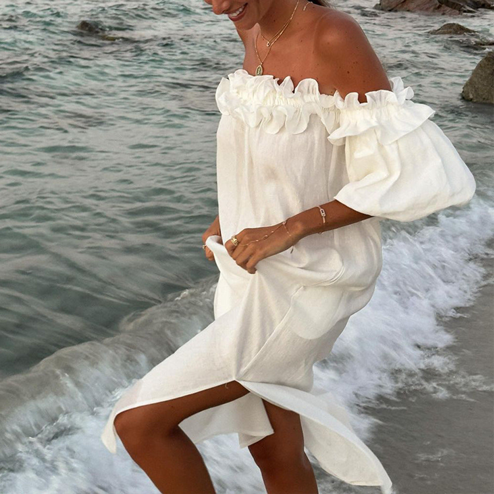 Women's Puff Sleeve Solid Color Lace Vacation Dresses