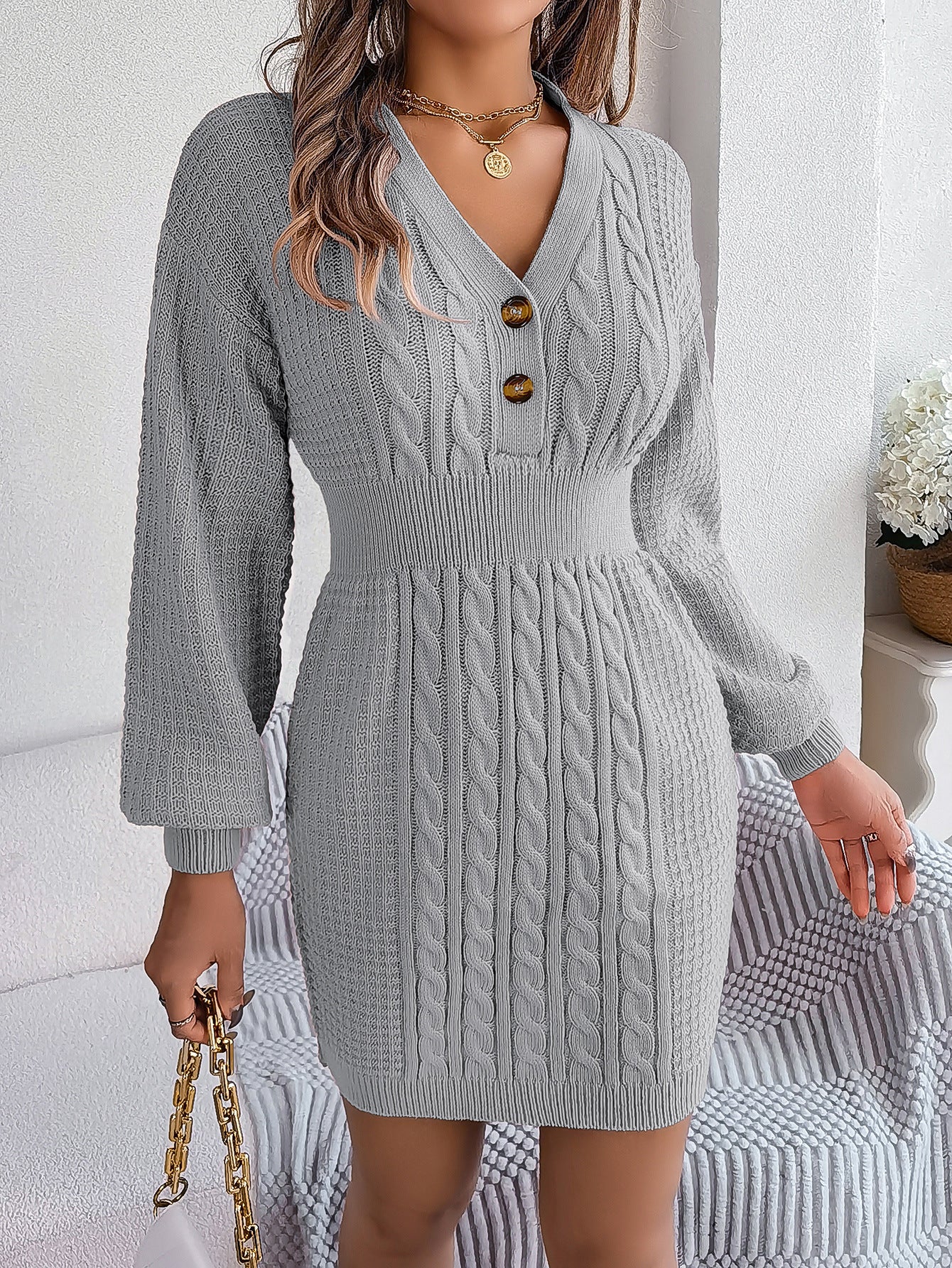 Women's Clearance Button Twist Lantern Sleeve Package Dress