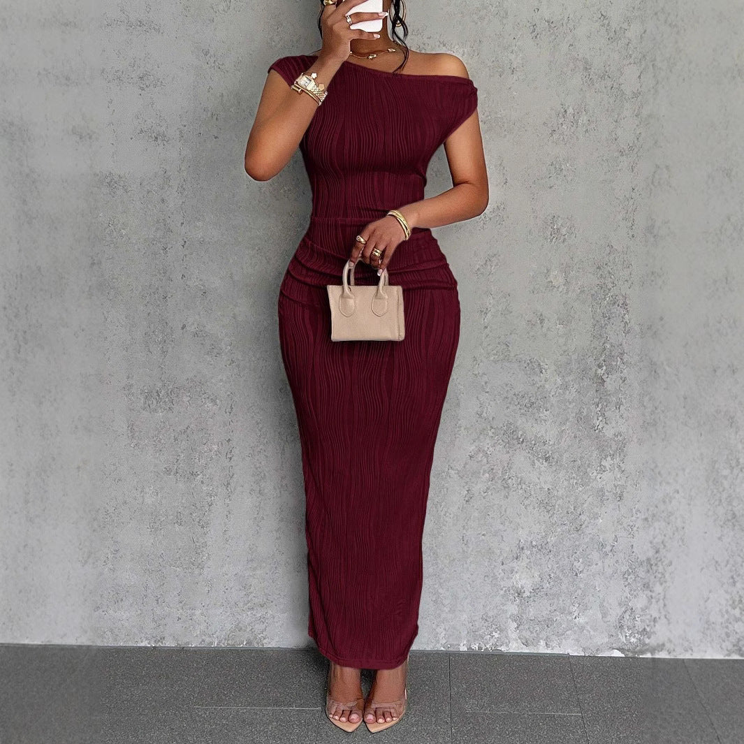 Women's Summer Oblique Shoulder Water Ripple Cute Fashion Slim Fit Date Dress