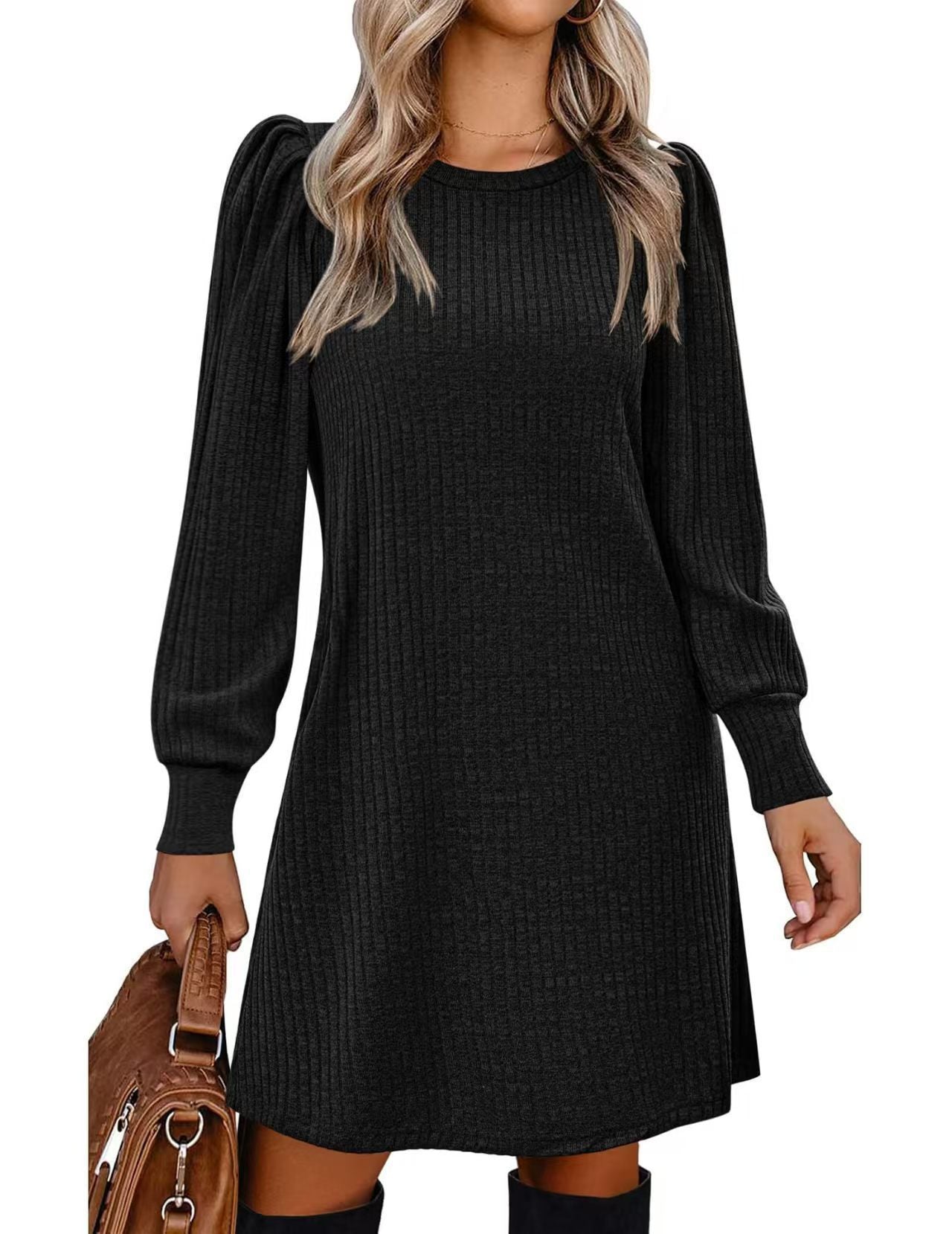 Women's Knitted Emerized Solid Color Round Neck Puff Dress