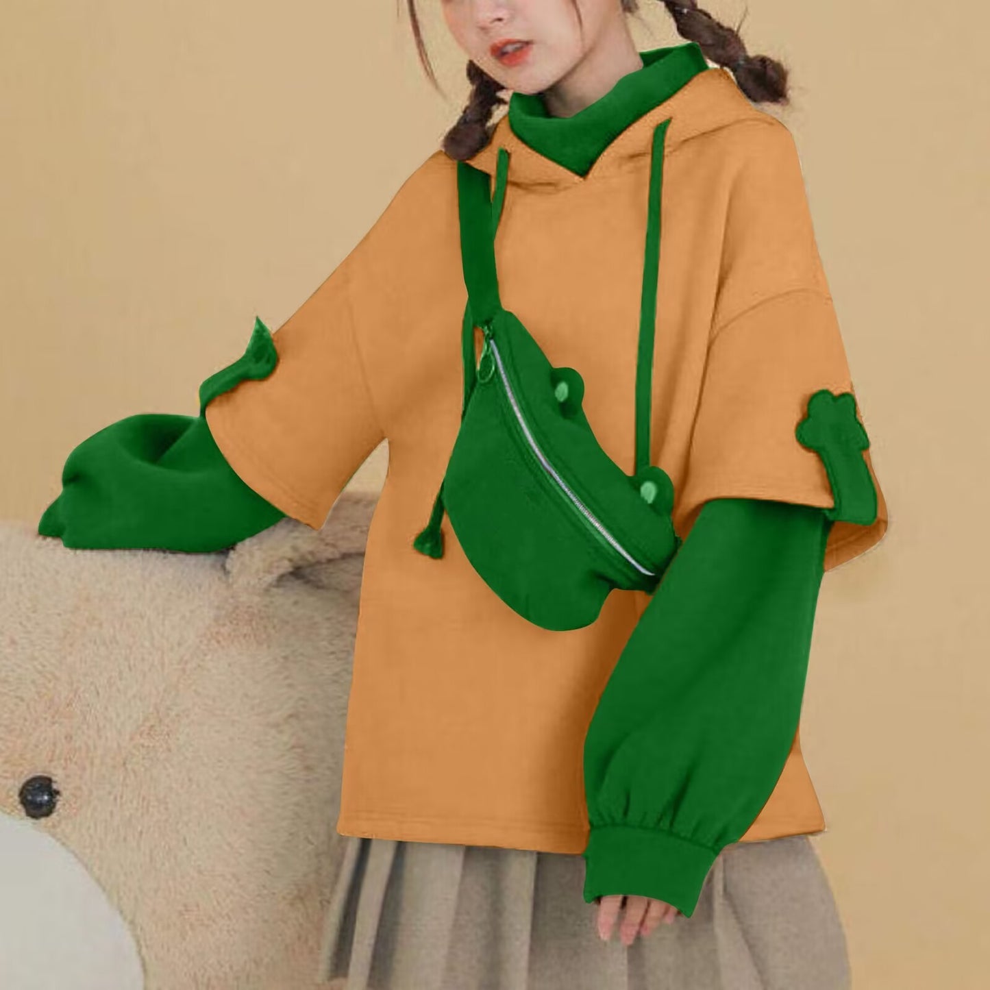 Women's Fleece Pullover Hooded Bag Color Matching Sweaters