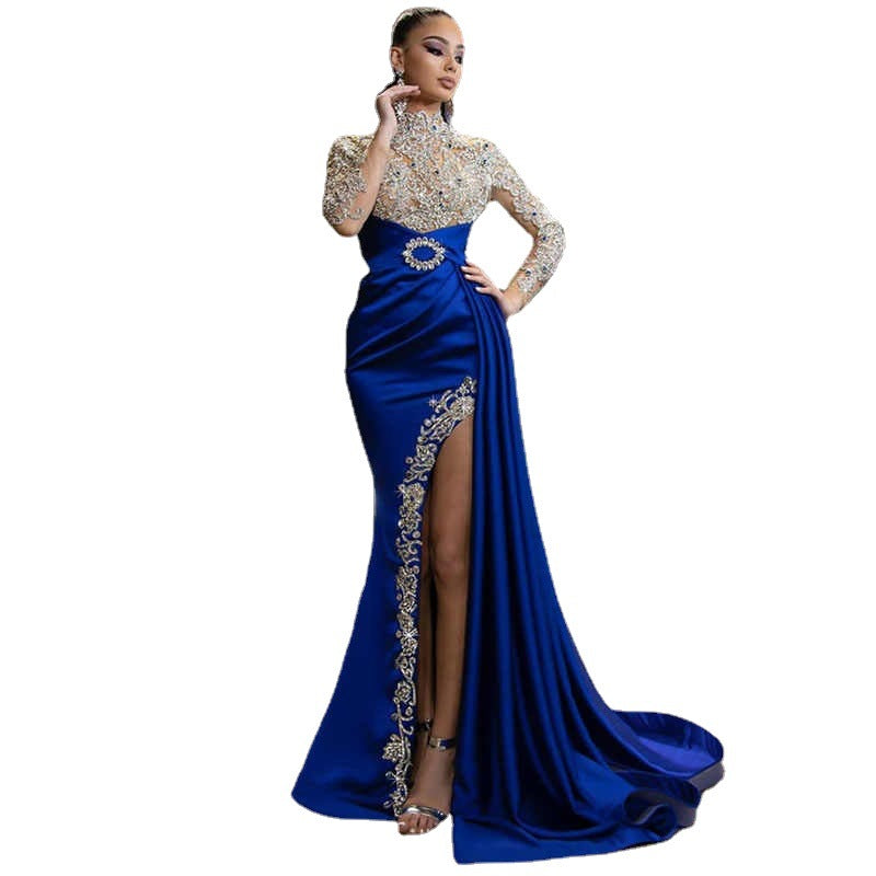 Women's Dress Blue Gold Round Neck Long Dresses