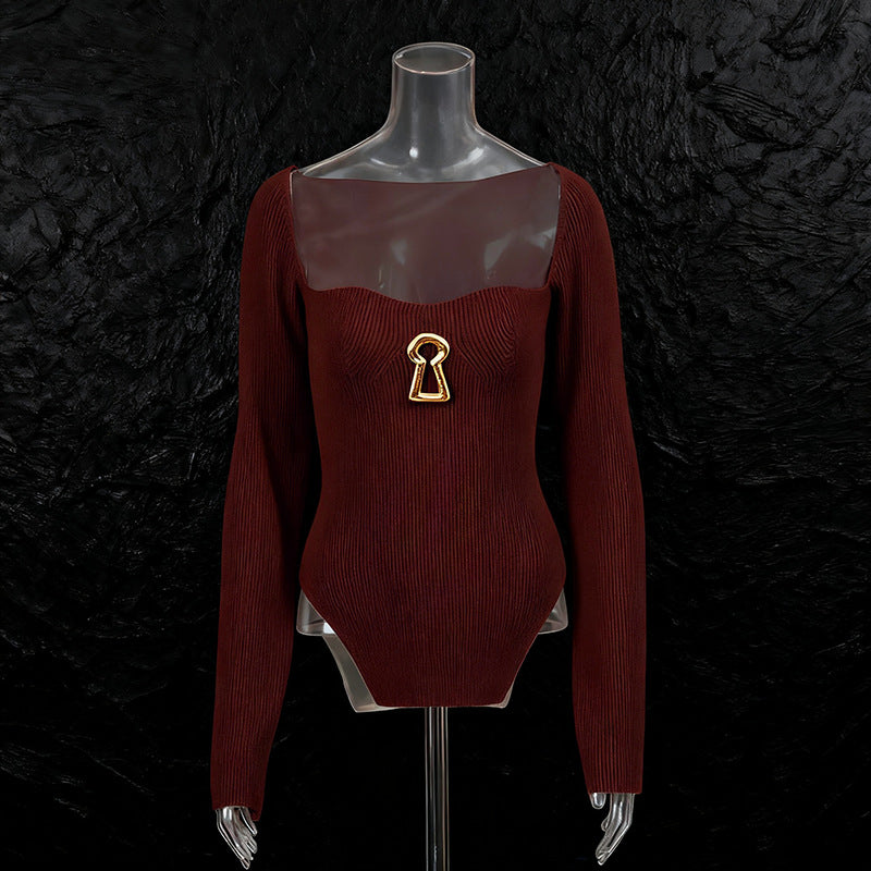 Hot Metal Buckle Decorative Pullover Stretch Sweaters