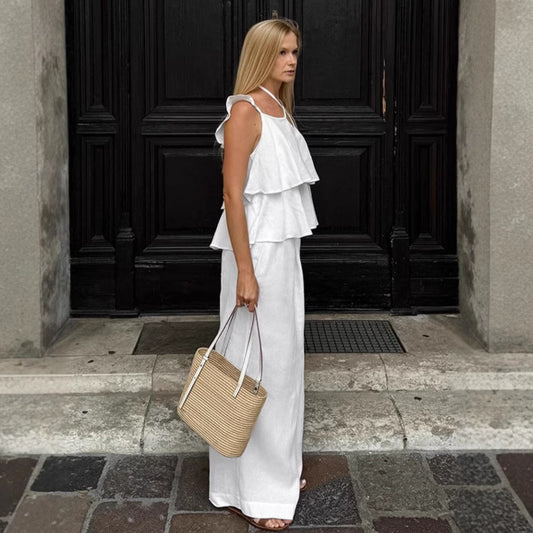 Women's White Cotton Linen Spring Fashion Ramie Flying Sleeves Wide Suits