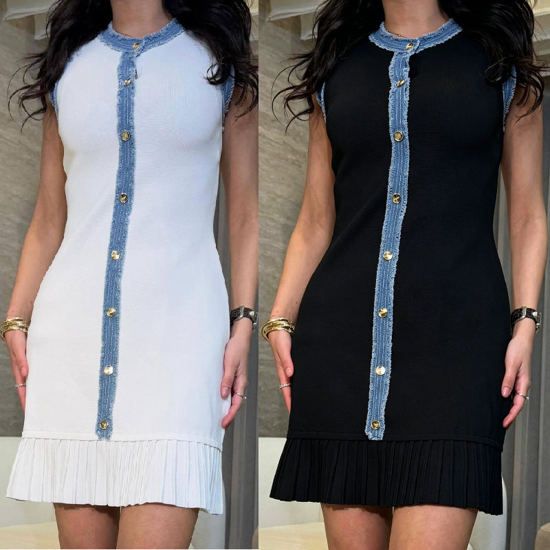 Women's Summer French Style Temperament Stitching Denim Frayed Skirts