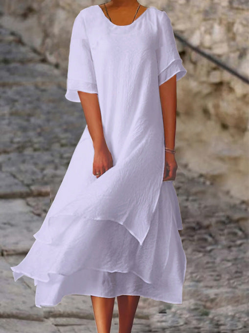 Summer Cotton Linen Color Matching Slit Sleeve Dress