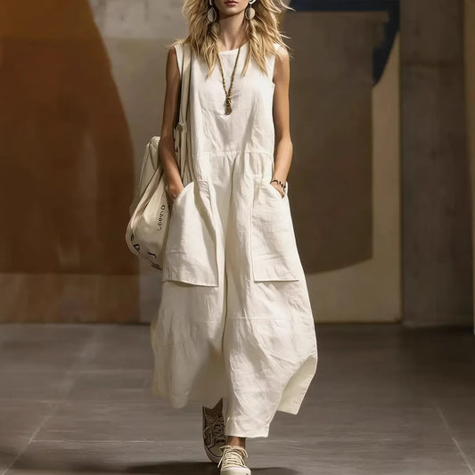 Women's Loose Simple Sleeveless Pocket Cotton Linen Dress