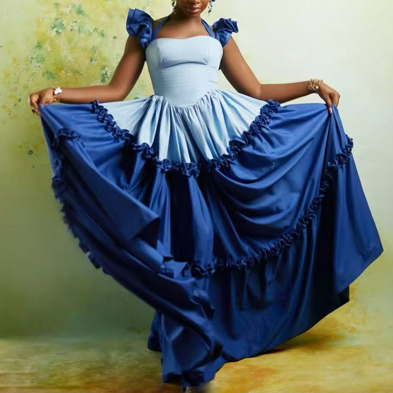 Women's African Ruffled Large Hem Color Matching Suspender Jumpsuits