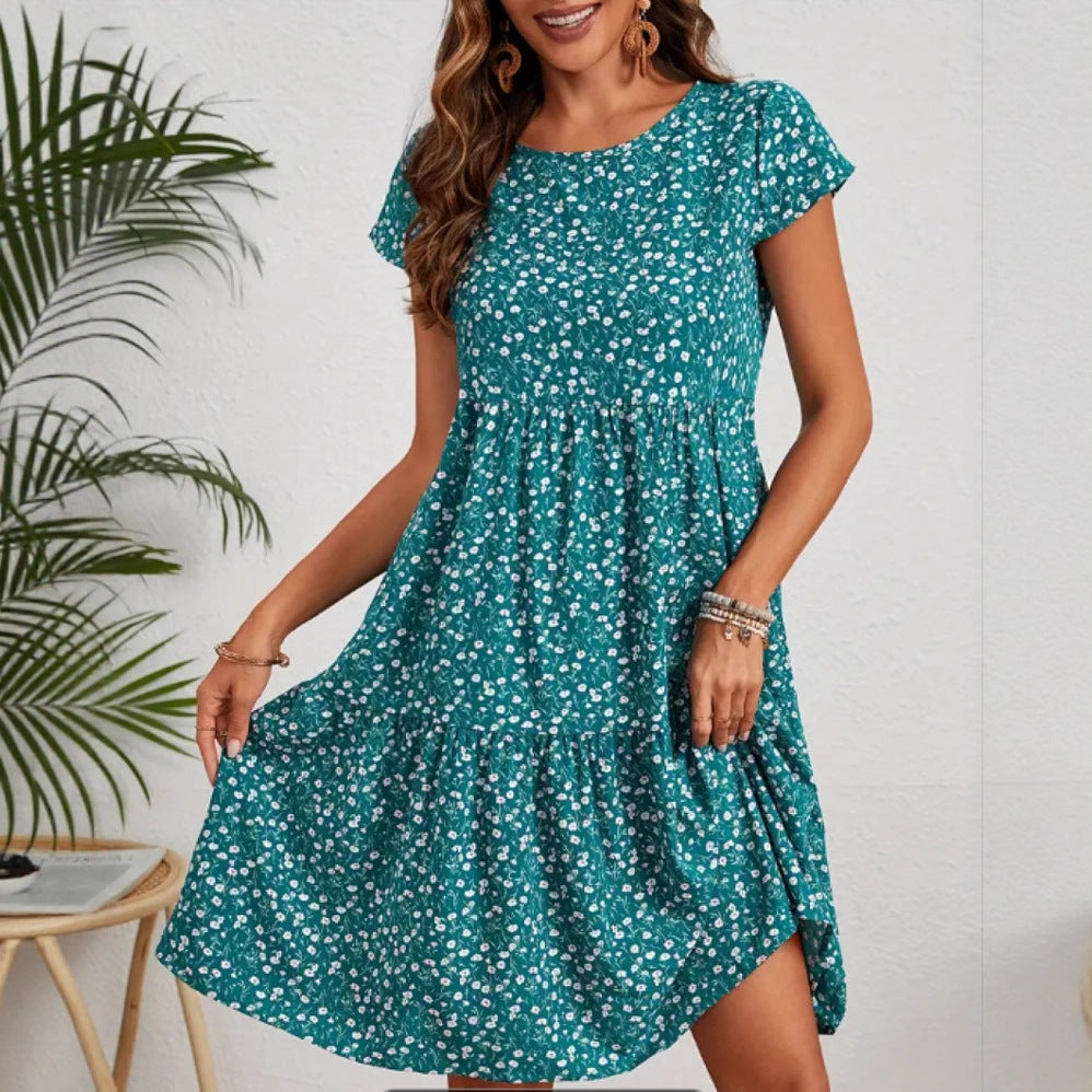 Summer Printed Round Neck Sleeve Casual Dress