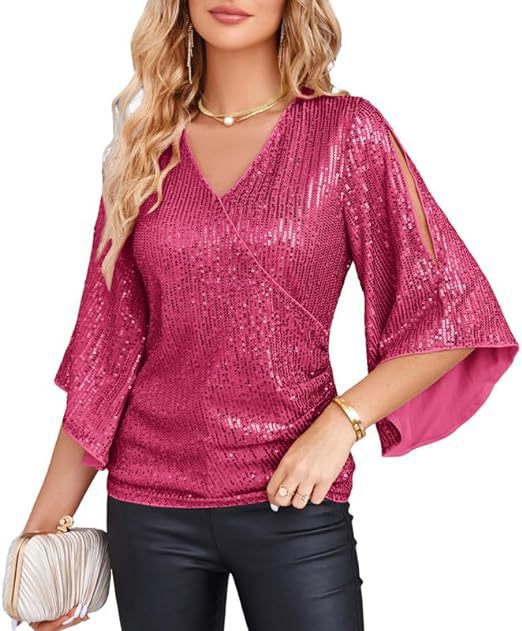 Women's Sequined Flare Sleeve Slim Fit Glitter Blouses