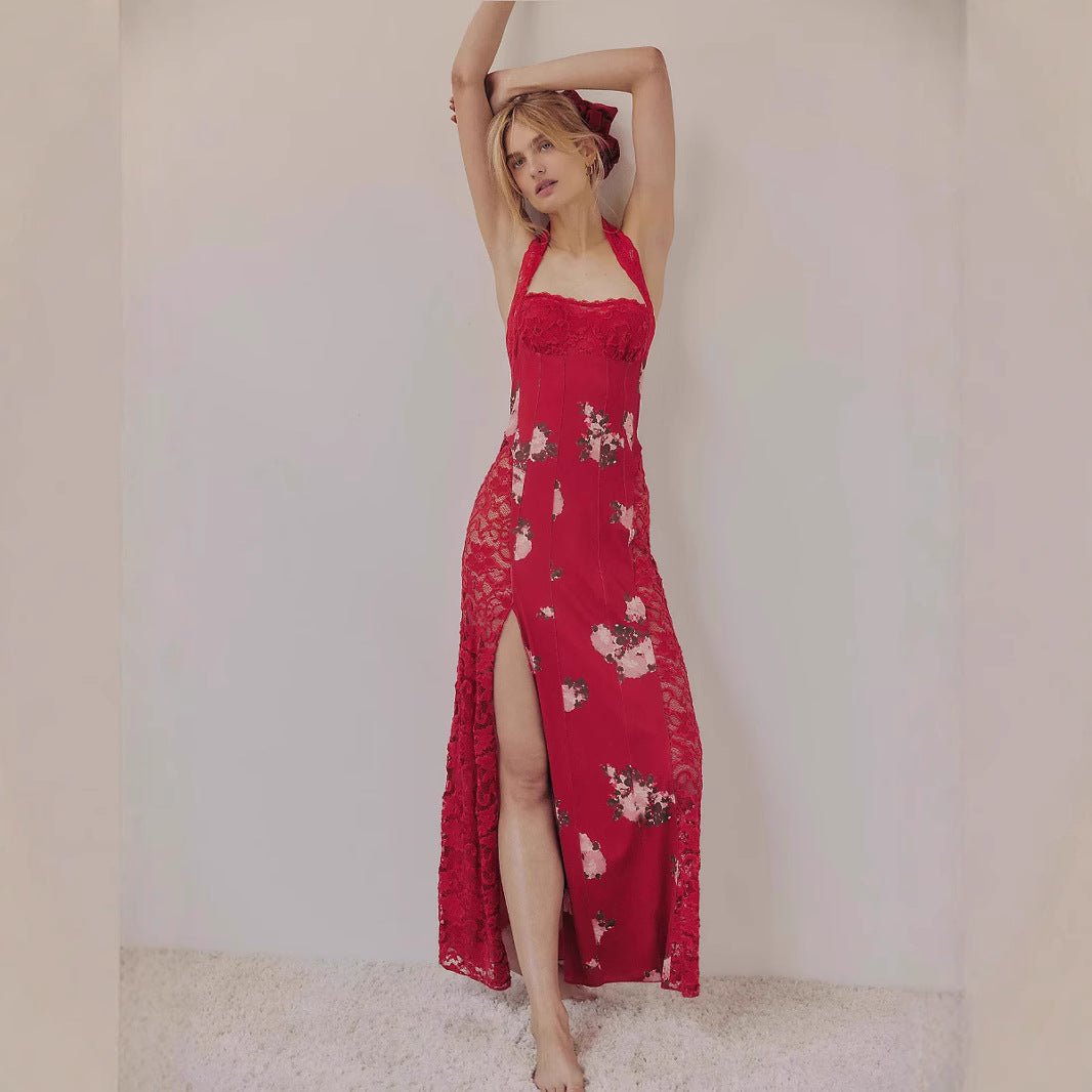 Women's Lace Backless Shoulder Strap Stitching Slit Dress