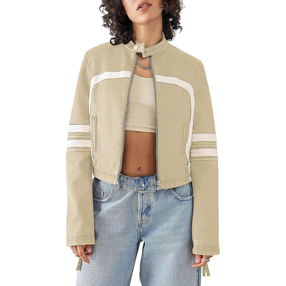 Women's Fashion Leather Color Contrast Patchwork Midriff Jackets