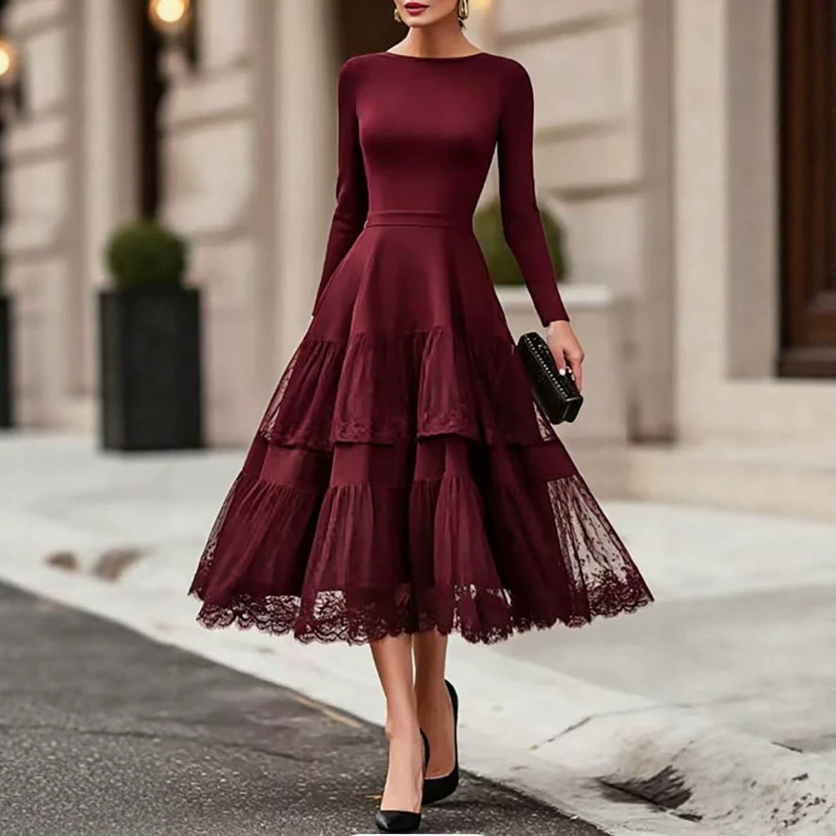 Women's French Style Elegant Hepburn Long Sleeve Mesh Stitching High-grade Dress