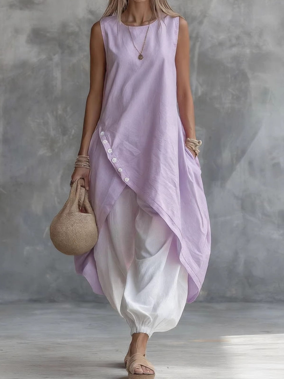 Solid Color Sleeveless Loose Pocket Midi Fashion Casual Suit