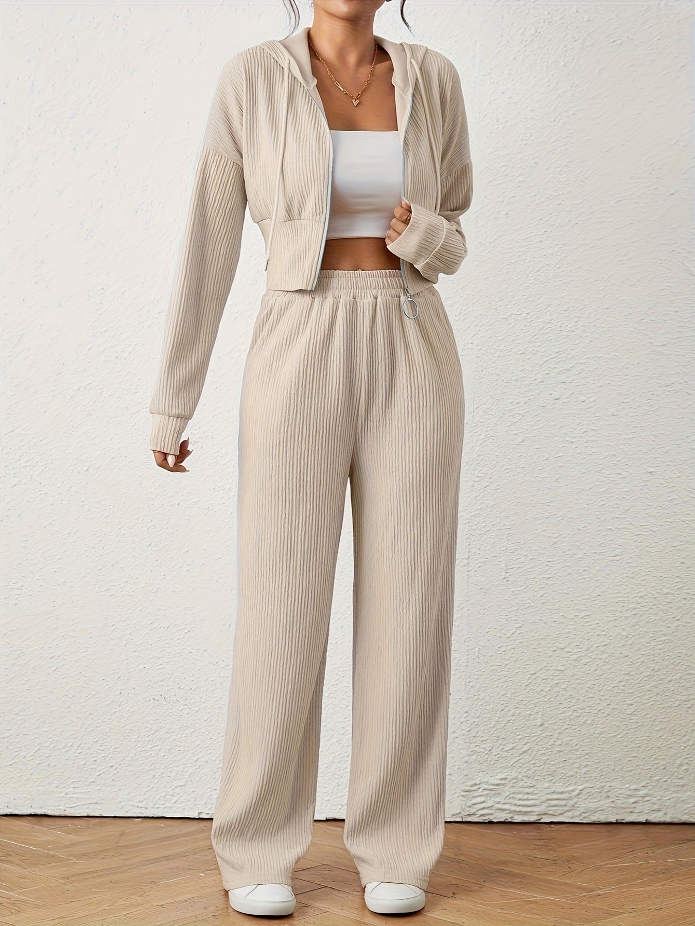 Color Texture Two-piece Long Sleeve Drop Shoulder Zipper Hoodie With Suits