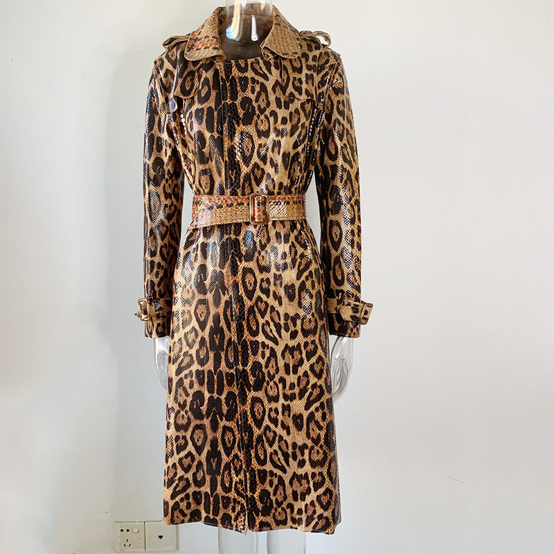 Leather Pattern Temperament Commute Brown Long Trench Coats