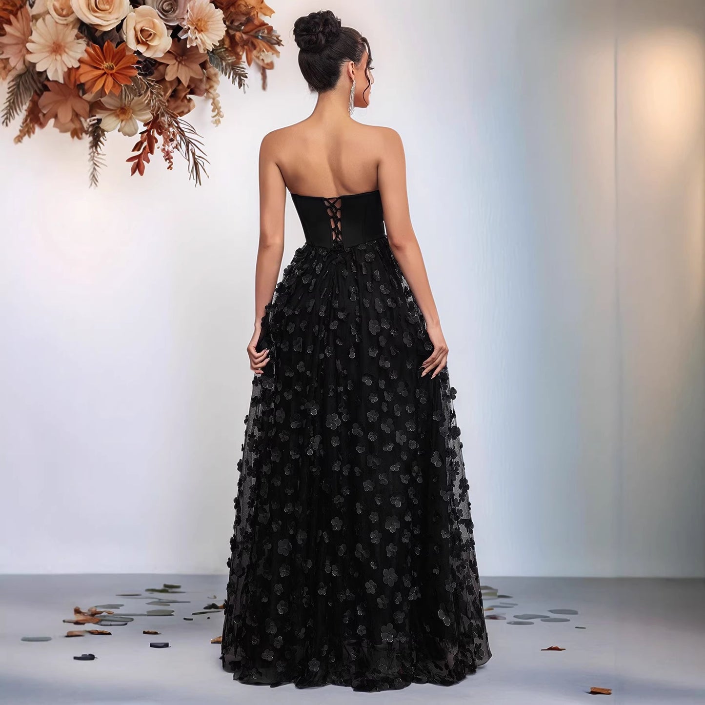 Type Three-dimensional Petals Mesh High Waist Side Slit Dress