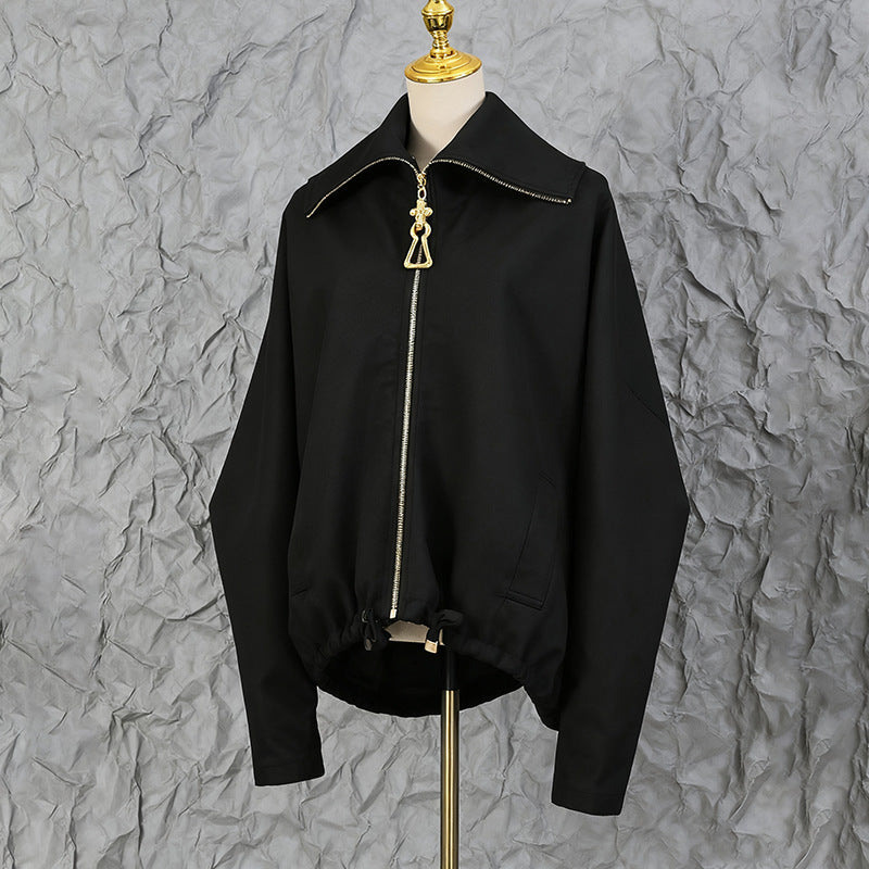 Women's Personalized Lapel Embroidery Stitching Loose Drawstring Coats