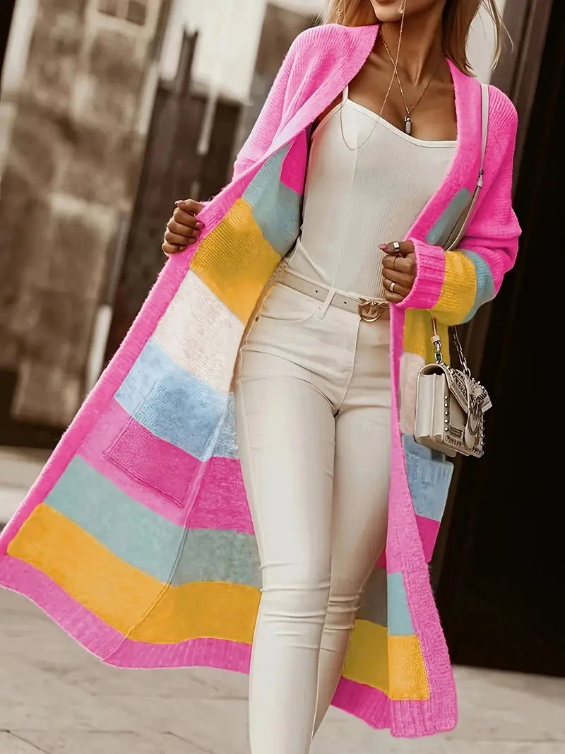 Women's Color Rainbow Stripe Casual Loose Long Sweaters