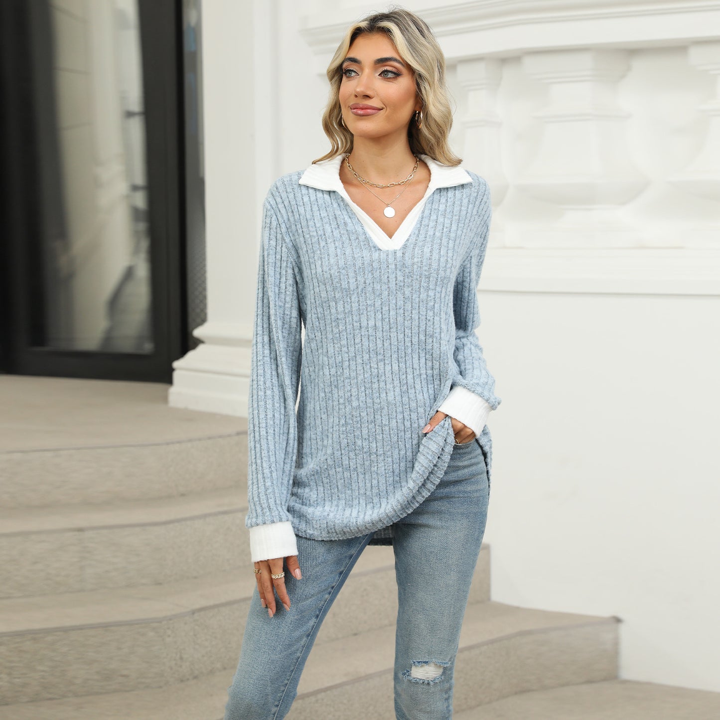 Women's Contrast Color Lapels Long Sleeve Loose-fitting Blouses